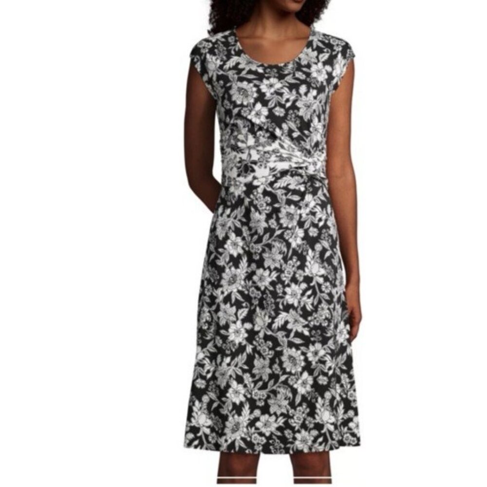Lands End Dress XL Black Ivory Cap Sleeve Stretch Cotton Floral Washable NEW - Picture 9 of 14